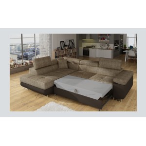 Canapé d’angle convertible MENTON beige et chocolat bouclé – Angle gauche avec coffre