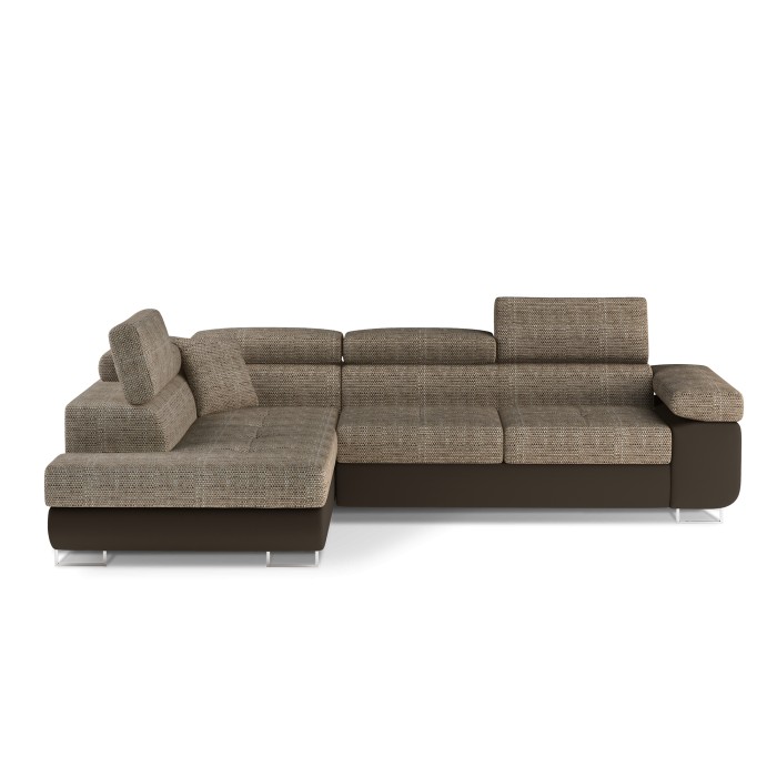 Canapé d’angle convertible MENTON beige et chocolat bouclé – Angle gauche avec coffre