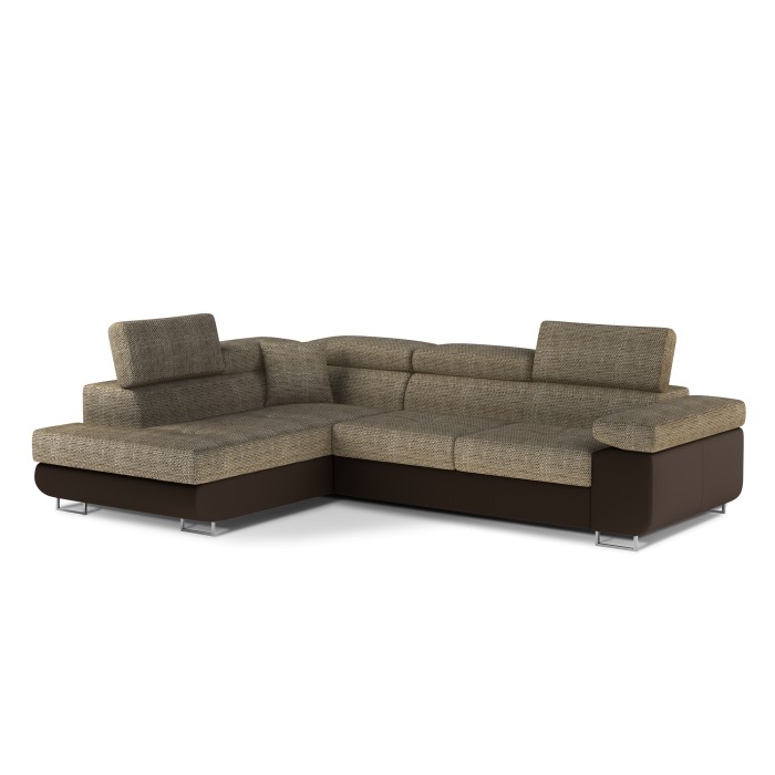 Canapé d’angle convertible MENTON beige et chocolat bouclé – Angle gauche avec coffre