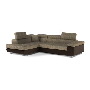 Canapé d’angle convertible MENTON beige et chocolat bouclé – Angle gauche avec coffre