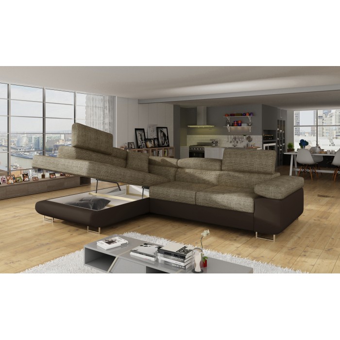 Canapé d’angle convertible MENTON beige et chocolat bouclé – Angle gauche avec coffre