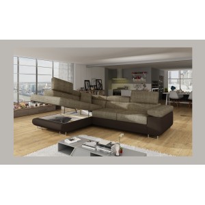 Canapé d’angle convertible MENTON beige et chocolat bouclé – Angle gauche avec coffre