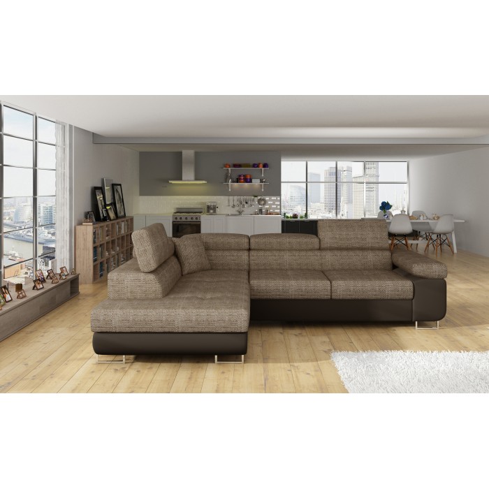 Canapé d’angle convertible MENTON beige et chocolat bouclé – Angle gauche avec coffre