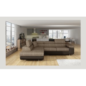 Canapé d’angle convertible MENTON beige et chocolat bouclé – Angle gauche avec coffre