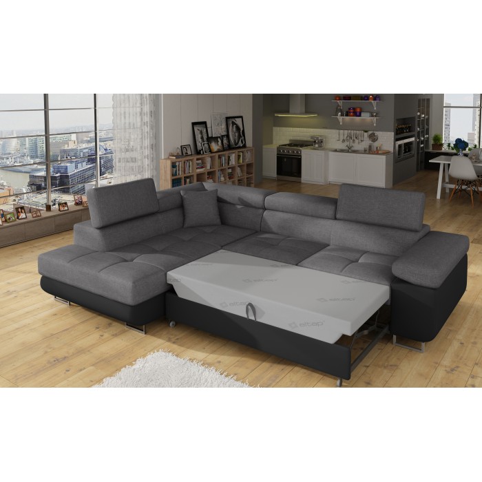 Canapé d’angle convertible MENTON gris et noir – Angle gauche avec coffre