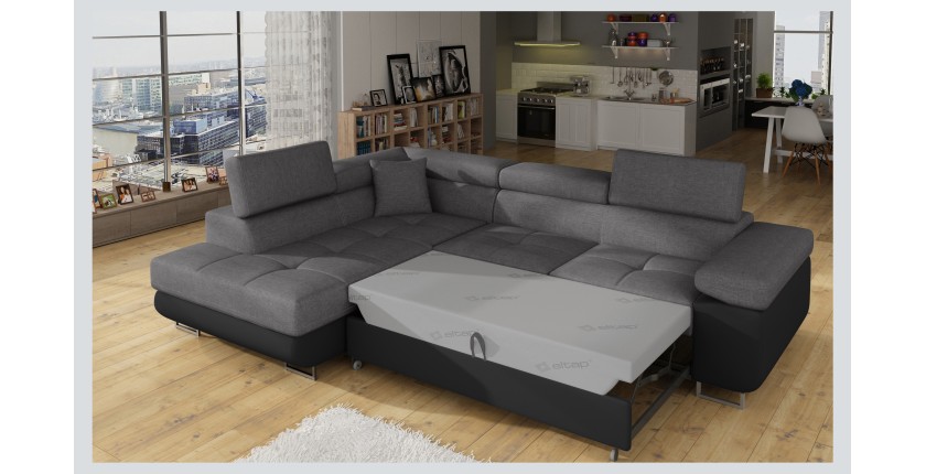 Canapé d’angle convertible MENTON gris et noir – Angle gauche avec coffre