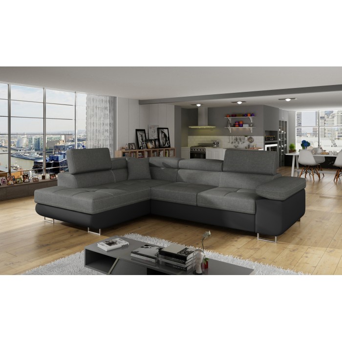 Canapé d’angle convertible MENTON gris et noir – Angle gauche avec coffre