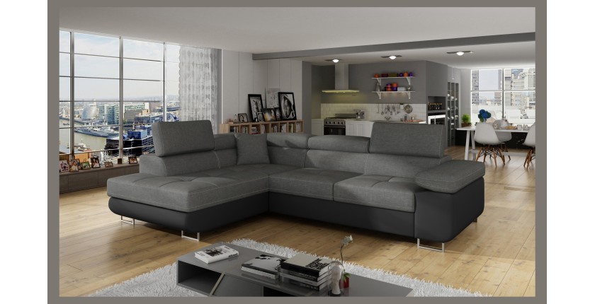 Canapé d’angle convertible MENTON gris et noir – Angle gauche avec coffre