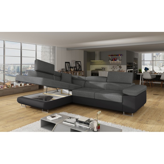 Canapé d’angle convertible MENTON gris et noir – Angle gauche avec coffre