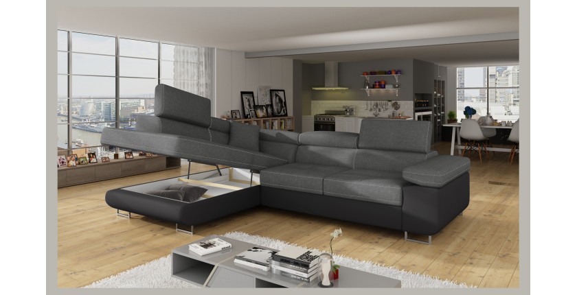 Canapé d’angle convertible MENTON gris et noir – Angle gauche avec coffre
