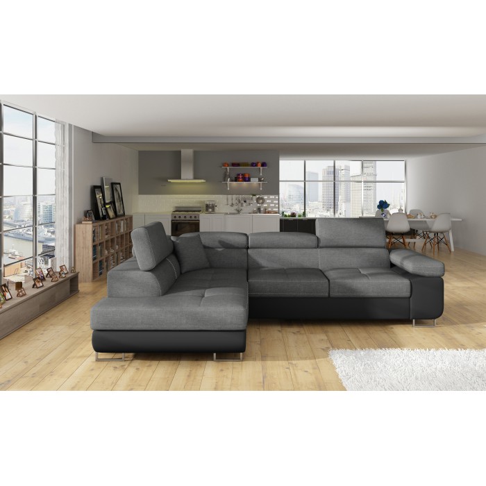 Canapé d’angle convertible MENTON gris et noir – Angle gauche avec coffre