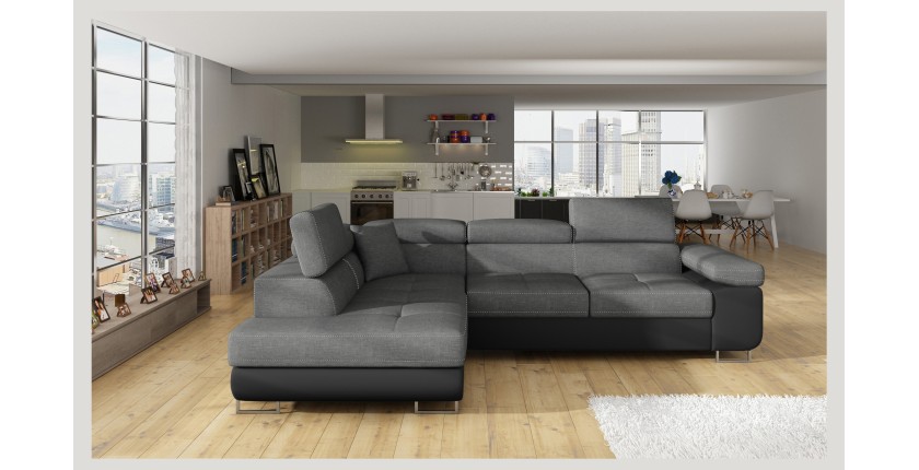 Canapé d’angle convertible MENTON gris et noir – Angle gauche avec coffre