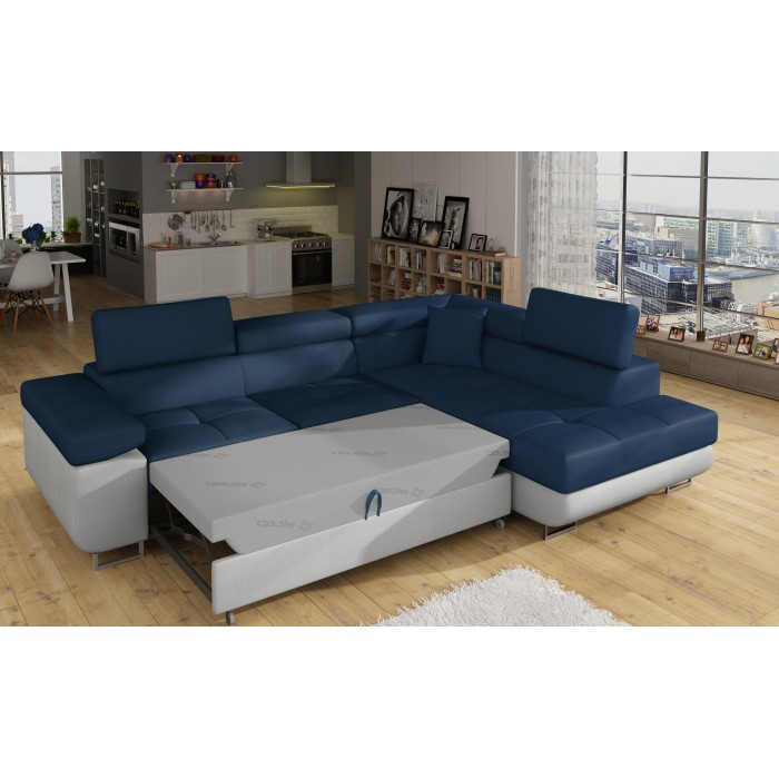 Canapé d’angle convertible MENTON bleu océan et blanc – Angle droit avec coffre