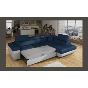 Canapé d’angle convertible MENTON bleu océan et blanc – Angle droit avec coffre