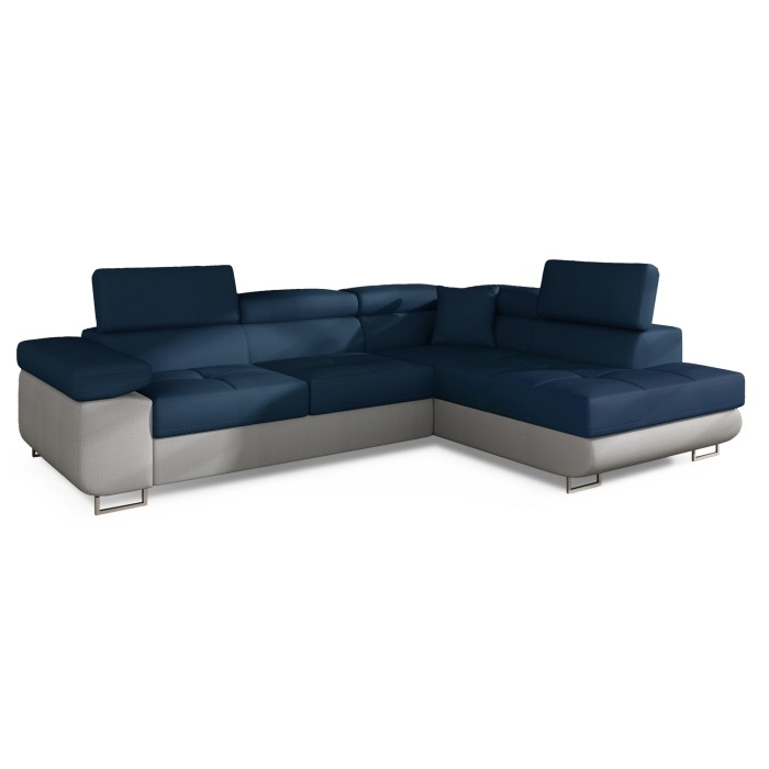 Canapé d’angle convertible MENTON bleu océan et blanc – Angle droit avec coffre