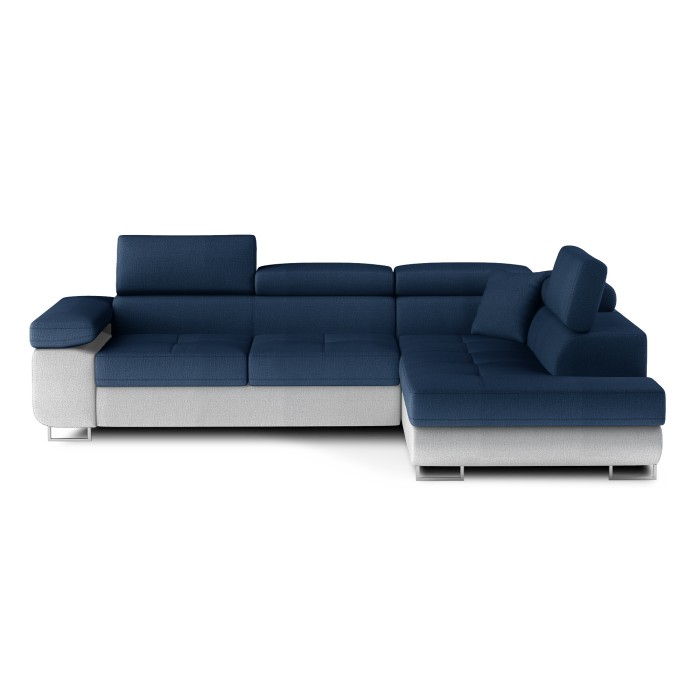 Canapé d’angle convertible MENTON bleu océan et blanc – Angle droit avec coffre