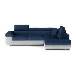 Canapé d’angle convertible MENTON bleu océan et blanc – Angle droit avec coffre
