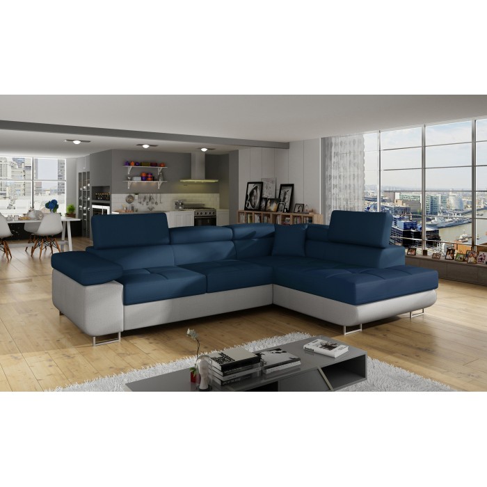 Canapé d’angle convertible MENTON bleu océan et blanc – Angle droit avec coffre