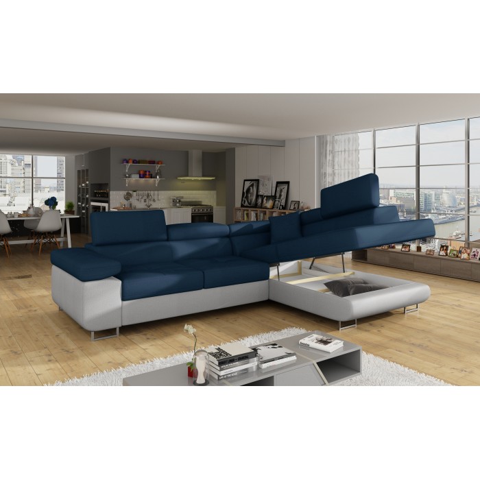 Canapé d’angle convertible MENTON bleu océan et blanc – Angle droit avec coffre