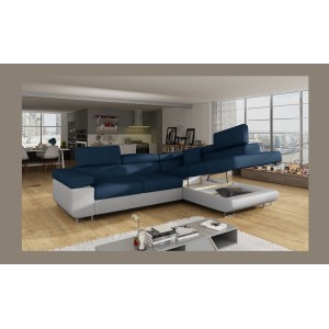 Canapé d’angle convertible MENTON bleu océan et blanc – Angle droit avec coffre