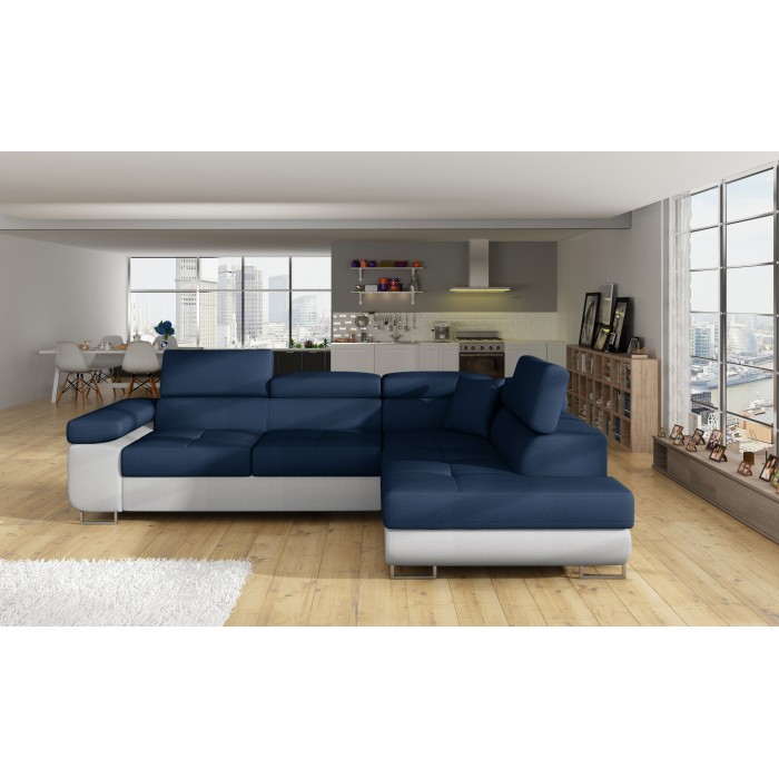 Canapé d’angle convertible MENTON bleu océan et blanc – Angle droit avec coffre