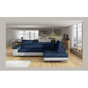 Canapé d’angle convertible MENTON bleu océan et blanc – Angle droit avec coffre