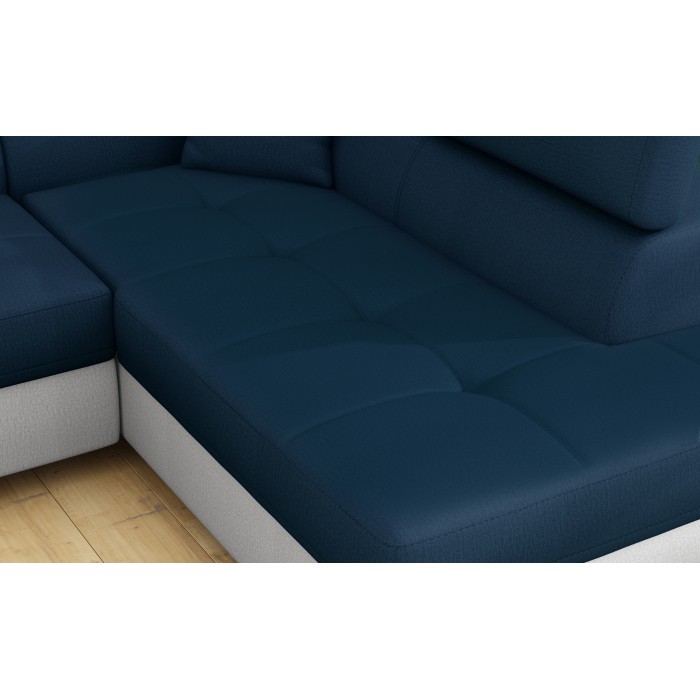 Canapé d’angle convertible MENTON bleu océan et blanc – Angle droit avec coffre