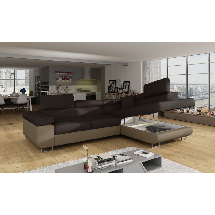 Canapé d’angle convertible MENTON marron chocolat et beige – Angle droit avec coffre