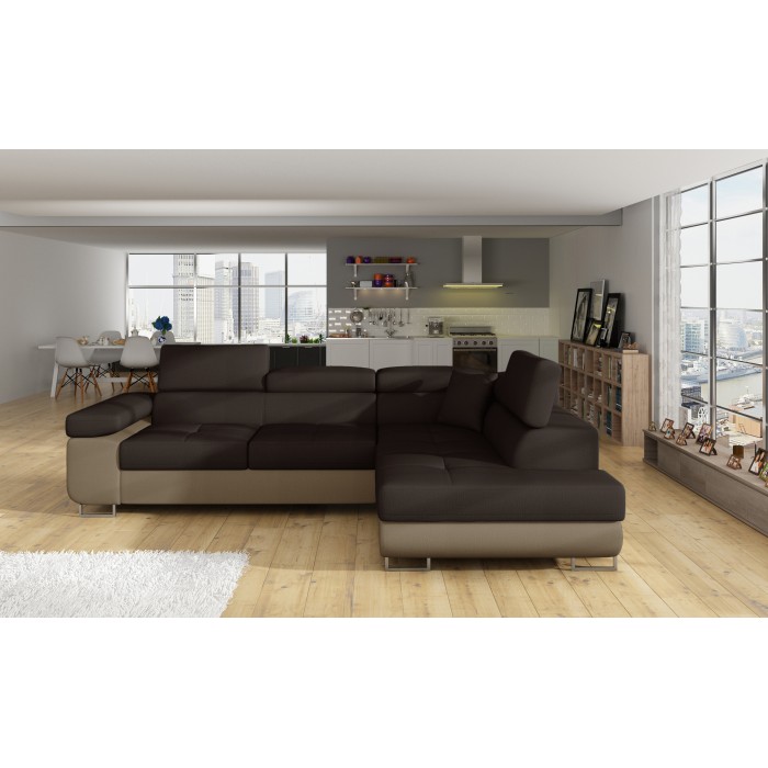 Canapé d’angle convertible MENTON marron chocolat et beige – Angle droit avec coffre