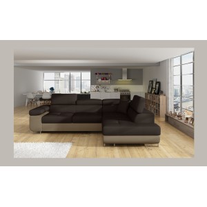 Canapé d’angle convertible MENTON marron chocolat et beige – Angle droit avec coffre