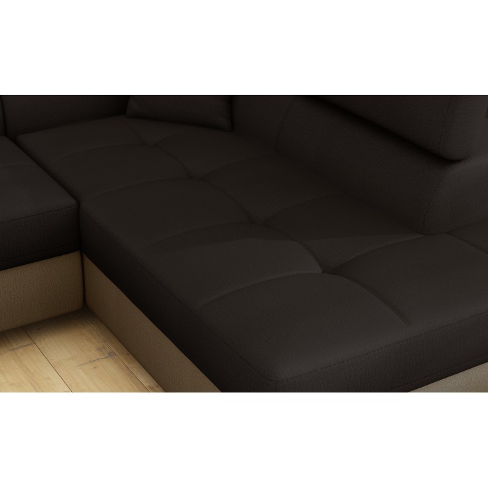 Canapé d’angle convertible MENTON marron chocolat et beige – Angle droit avec coffre