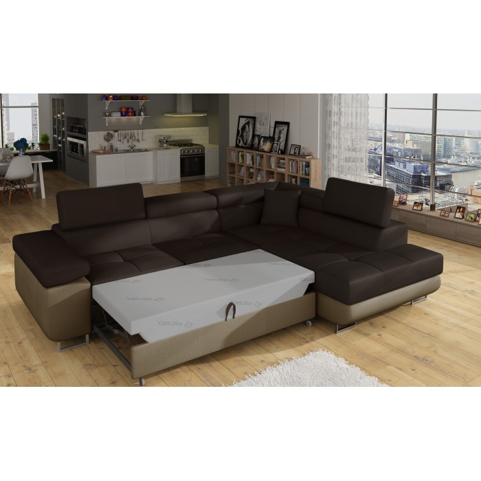 Canapé d’angle convertible MENTON marron chocolat et beige – Angle droit avec coffre