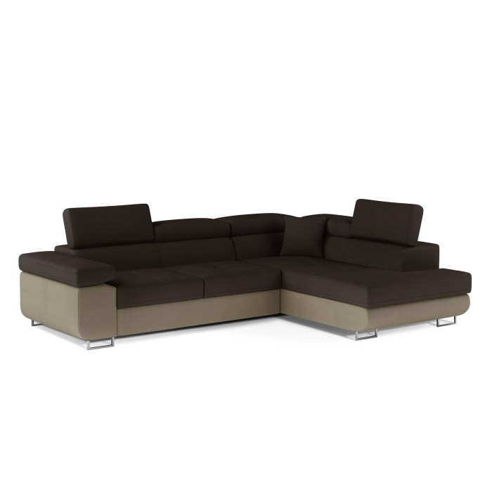 Canapé d’angle convertible MENTON marron chocolat et beige – Angle droit avec coffre