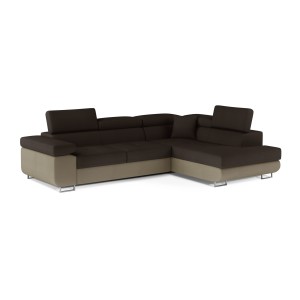 Canapé d’angle convertible MENTON marron chocolat et beige – Angle droit avec coffre