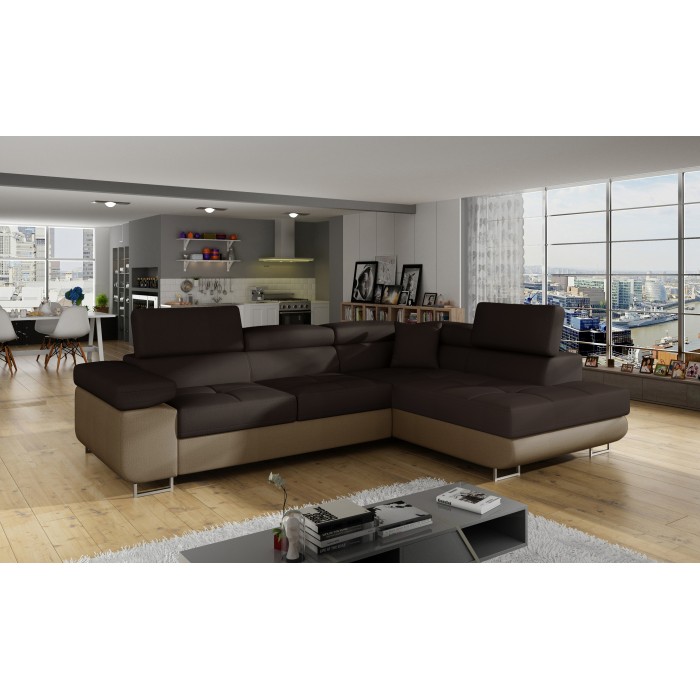 Canapé d’angle convertible MENTON marron chocolat et beige – Angle droit avec coffre