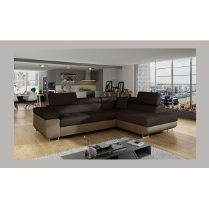 Canapé d’angle convertible MENTON marron chocolat et beige – Angle droit avec coffre