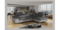 Canapé d’angle convertible MENTON gris et blanc – Angle droit avec coffre