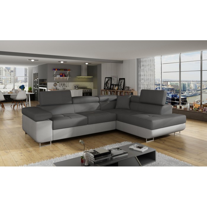 Canapé d’angle convertible MENTON gris et blanc – Angle droit avec coffre