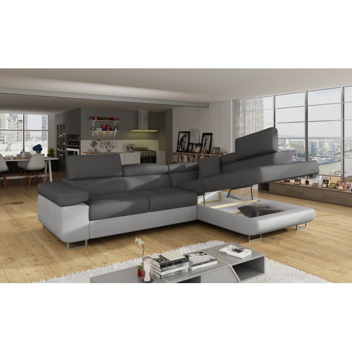 Canapé d’angle convertible MENTON gris et blanc – Angle droit avec coffre