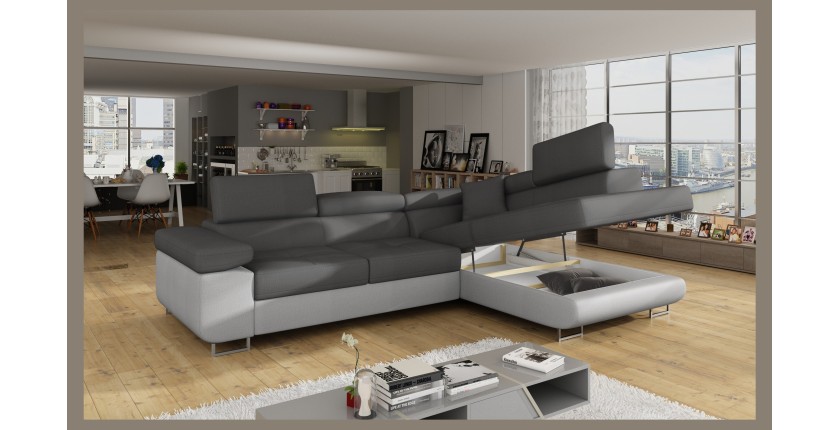 Canapé d’angle convertible MENTON gris et blanc – Angle droit avec coffre