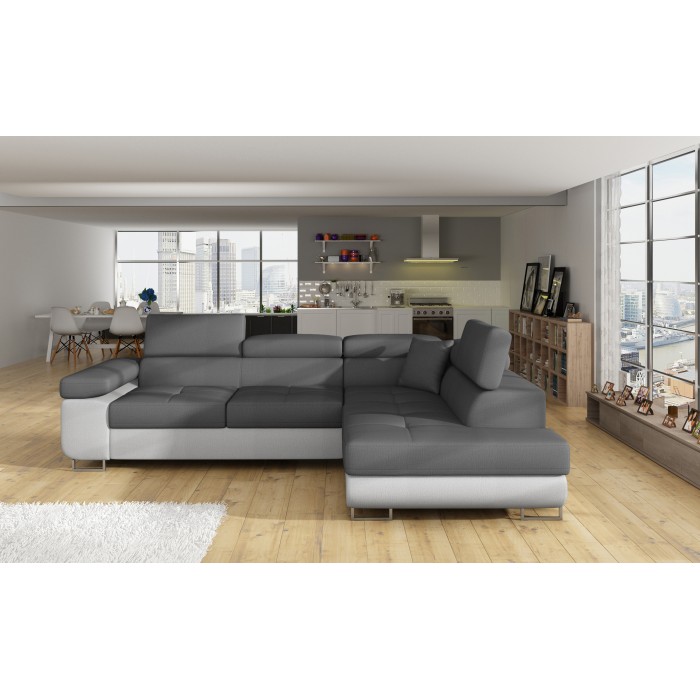 Canapé d’angle convertible MENTON gris et blanc – Angle droit avec coffre