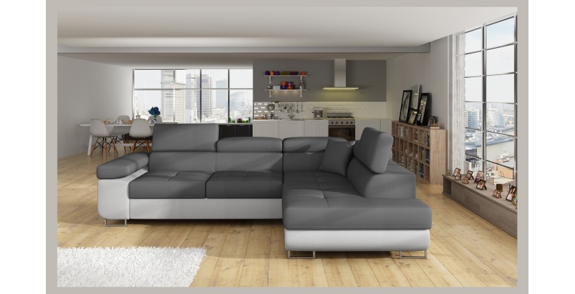 Canapé d’angle convertible MENTON gris et blanc – Angle droit avec coffre