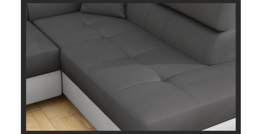 Canapé d’angle convertible MENTON gris et blanc – Angle droit avec coffre