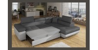 Canapé d’angle convertible MENTON gris et blanc – Angle droit avec coffre