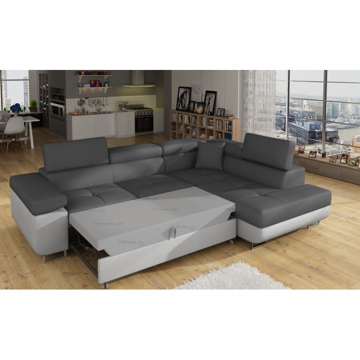 Canapé d’angle convertible MENTON gris et blanc – Angle droit avec coffre