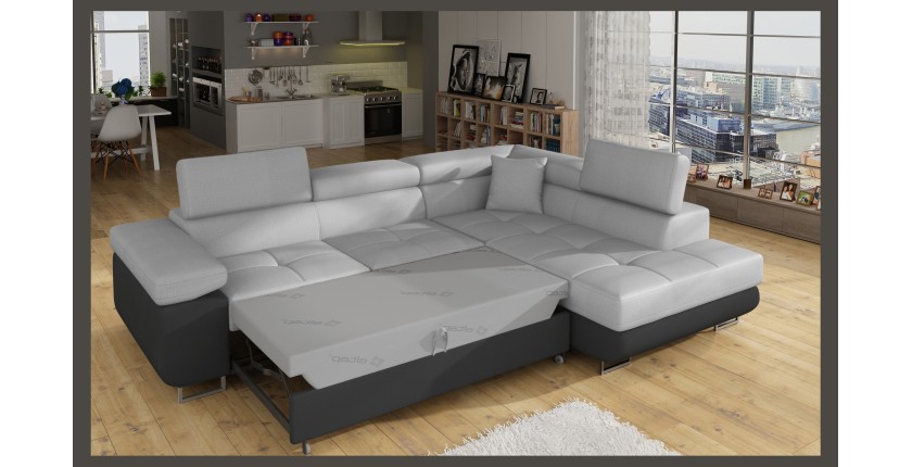 Canapé d’angle convertible MENTON gris clair et gris foncé – Angle droit avec coffre