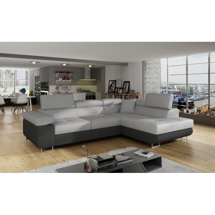 Canapé d’angle convertible MENTON gris clair et gris foncé – Angle droit avec coffre
