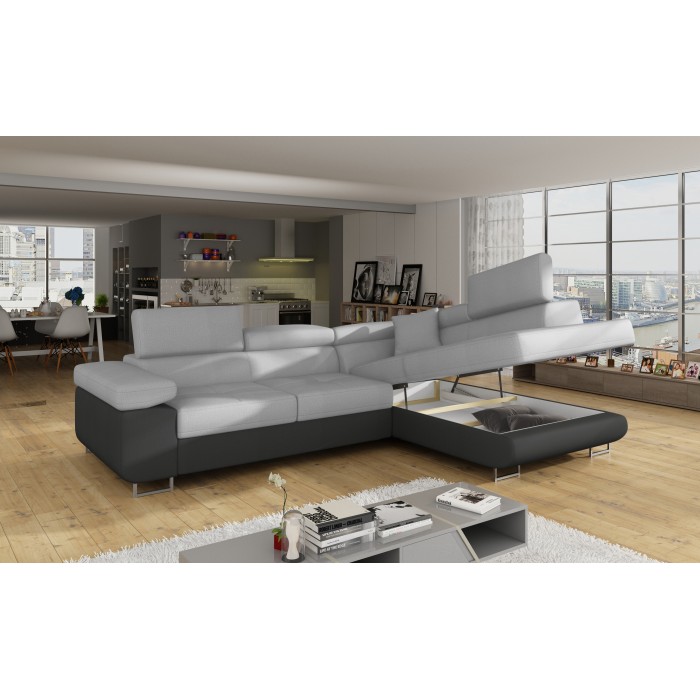 Canapé d’angle convertible MENTON gris clair et gris foncé – Angle droit avec coffre
