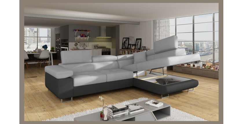 Canapé d’angle convertible MENTON gris clair et gris foncé – Angle droit avec coffre