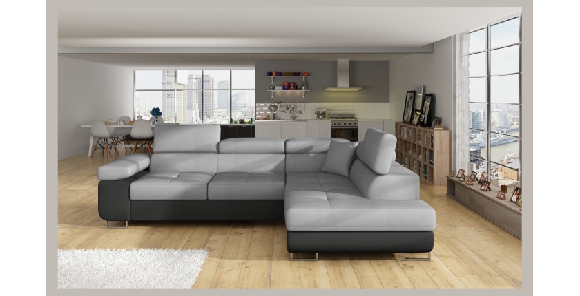 Canapé d’angle convertible MENTON gris clair et gris foncé – Angle droit avec coffre